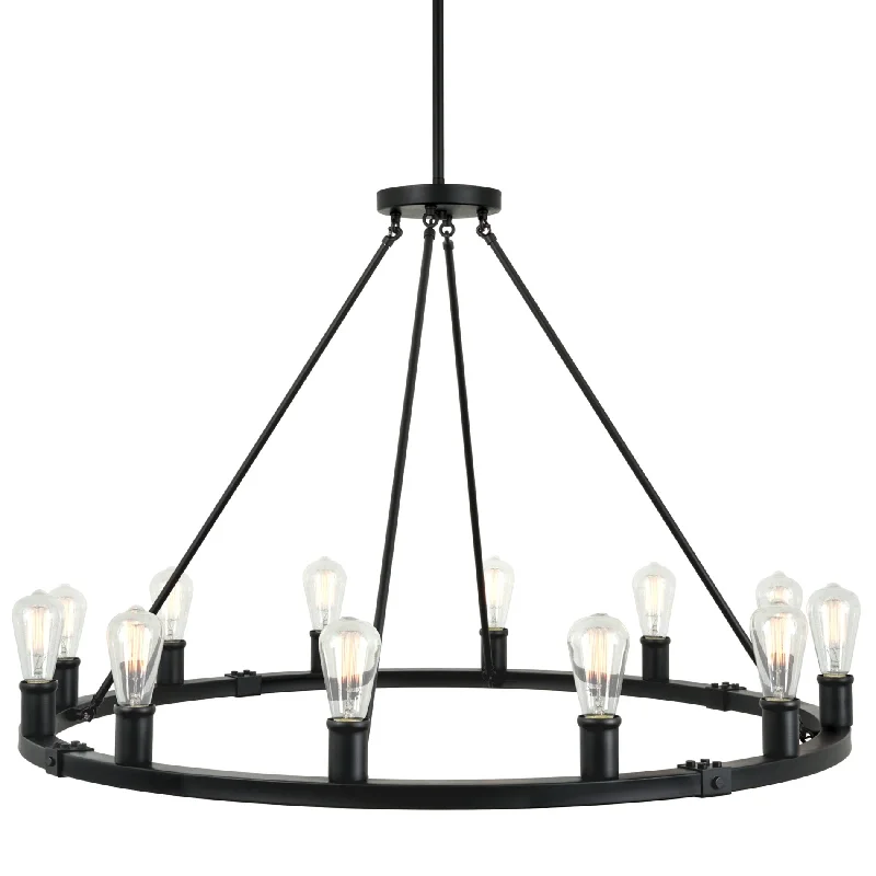 Industrial Lighting for Pharmaceutical ManufacturingKira Home Jericho 42" 12-Light Large Industrial Rustic Farmhouse Wagon Wheel Chandelier, Round Kitchen Island Light, Black Finish