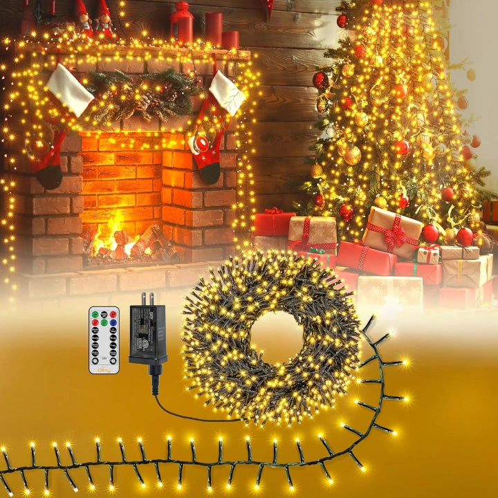 String Lights for Outdoor Dining AreasOllny 400 LED 20ft Warm White Christmas Cluster Lights (Green Cable, Connectable, 8 Modes, IP44 Waterproof)