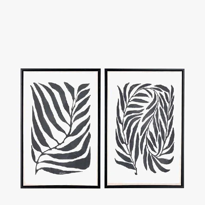 S/2 Black Leaf Print Canvases with Black Frames