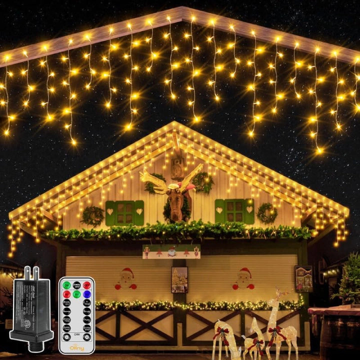 Twinkling String Lights for a Magical AtmosphereOllny 396 LED 32ft Warm White Icicle Lights (Clear Cable, Plug in, 8 Modes), Connectable up to 3 Sets
