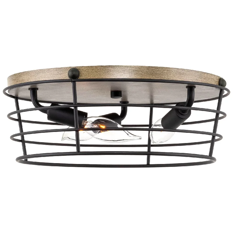 Industrial Exit Sign Lighting for Quick EvacuationKira Home Presley 13" 3-Light Modern Farmhouse Flush Mount Ceiling Light + Round Metal Cage Shade Design, Smoked Birch Wood Style + Black Finish