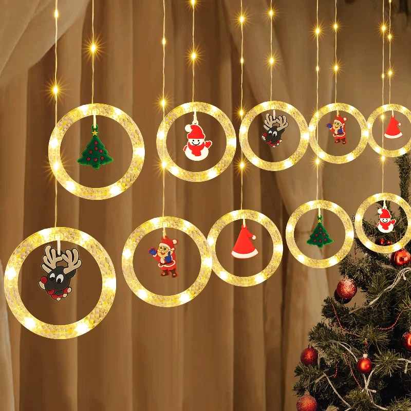 Fairy String Lights for Bedroom DecorChristmas Curtain String Lights, Rings & Detachable Rubber Ornament