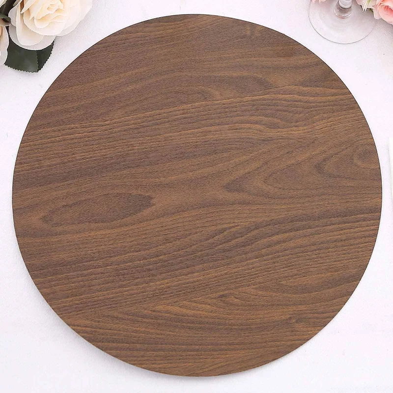 6 Pack Brown Paper Placemats With Walnut Wood Design, Round Disposable Dining Table Mats 13