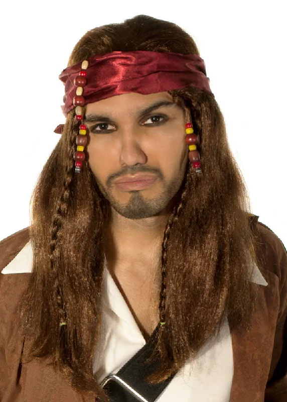 Caribbean Pirate Mens Long Brown Wig and Head Scarf