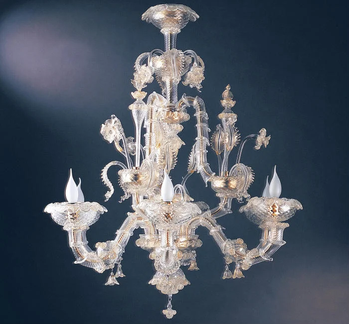 Chandeliers with Frosted Glass for a Softer Light Diffusion6 Light Clear Murano Glass Chandelier With Gold Trim Chandeliers with Frosted Glass for a Softer Light Diffusion6 Light Clear Murano Glass Chandelier With Gold Trim
