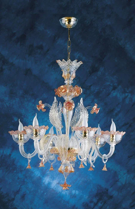 Chandeliers for High Ceilings to Fill Vertical Space6 Light Murano Glass Chandelier With Gold & Pink Flowers