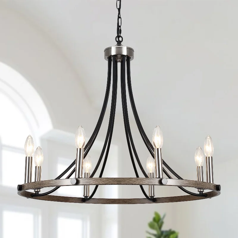 Chandeliers with Dimmable Lights for Ambiance Control8-Light 25.59 in. Rustic Wagon Wheel Chandelier for Kitchen Living Room