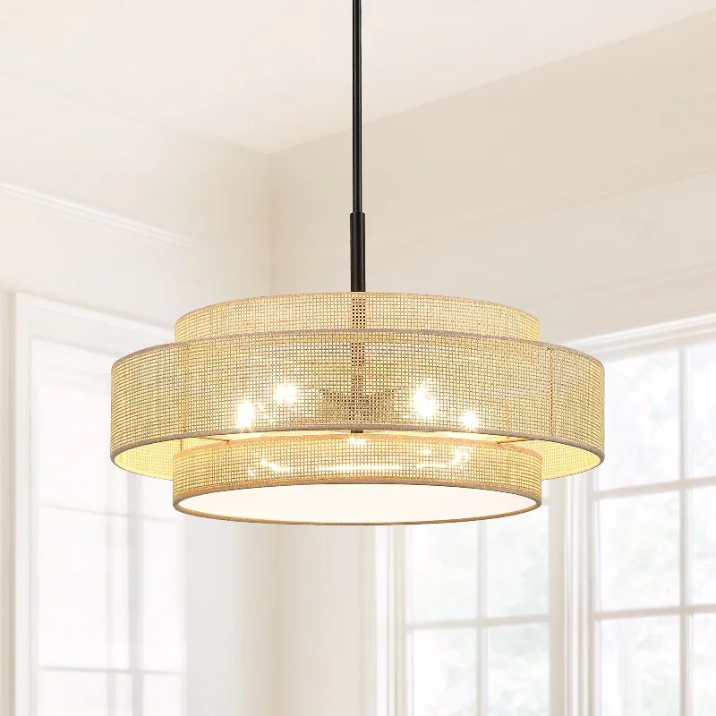 Chandeliers with Adjustable Arms for Directional LightingBayou 5-Light Black Coastal Drum Chandelier with Double Rattan Shade - 24''W