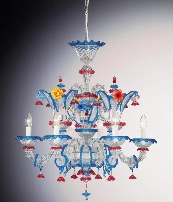 Small Chandeliers for Compact RoomsBlue, Red And Yellow 6 Light Murano Glass Chandelier Small Chandeliers for Compact RoomsBlue, Red And Yellow 6 Light Murano Glass Chandelier