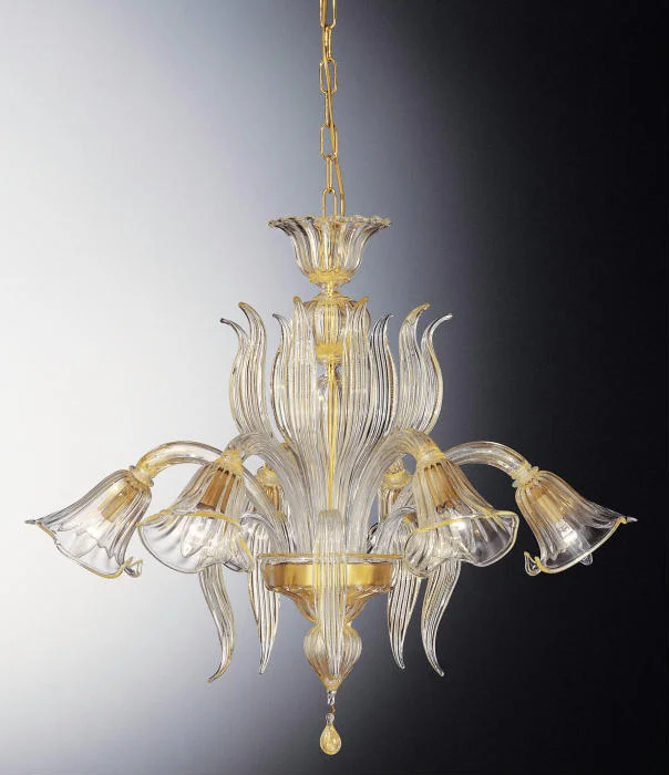 Ceiling - Mounted Chandeliers for Standard CeilingsClear Murano Glass Chandelier With 6 Golden Lily-Shaped Lights