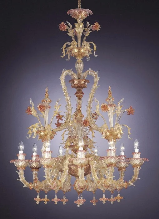 Art Deco Chandeliers for a Retro - Glam LookGolden 9 Light Murano Glass Chandelier With Pink Flowers