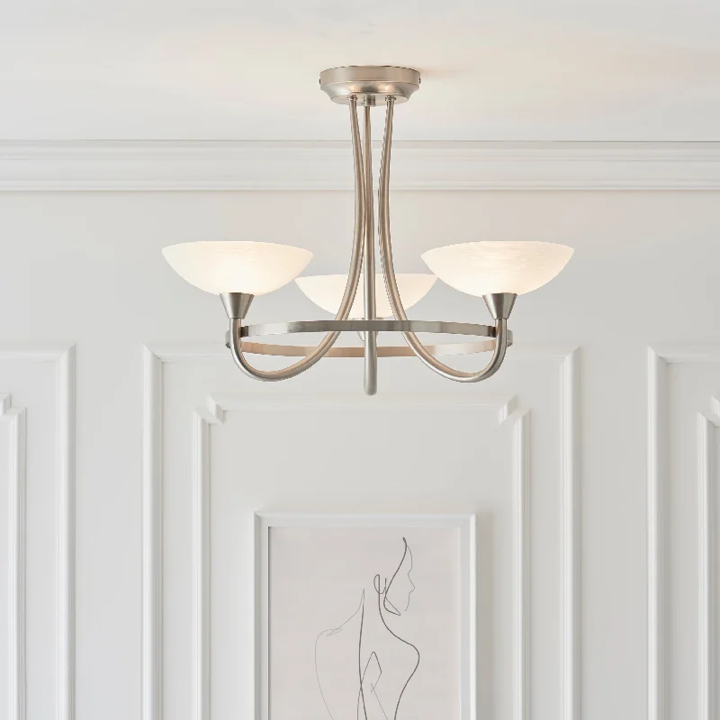 Chandeliers for High Ceilings to Fill Vertical SpaceBogart 3Lt Indoor Semi Flush Light In Satin Chrome Plate & White Glass Finish Chandeliers for High Ceilings to Fill Vertical SpaceBogart 3Lt Indoor Semi Flush Light In Satin Chrome Plate & White Glass Finish