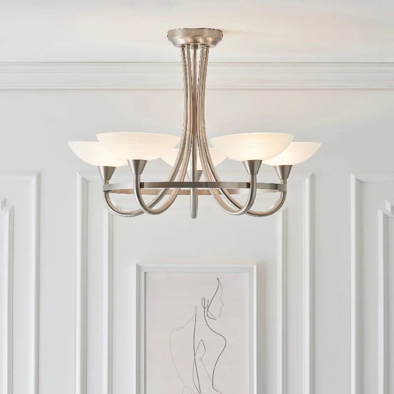 Chandeliers with Multiple Lights for Maximum IlluminationBogart 5Lt Indoor Semi Flush Light In Satin Chrome Plate & White Glass Finish Chandeliers with Multiple Lights for Maximum IlluminationBogart 5Lt Indoor Semi Flush Light In Satin Chrome Plate & White Glass Finish