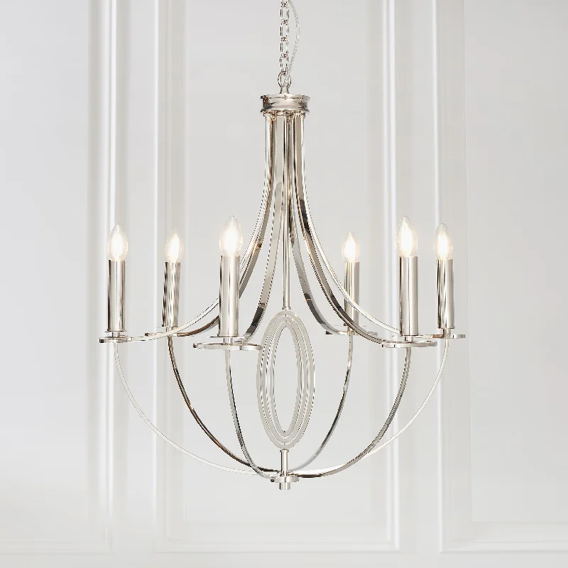 Chandeliers with Frosted Glass for a Softer Light DiffusionCadence 6Lt Indoor Pendant Light In Nickel Plate Finish