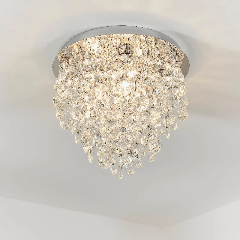 Victorian - Inspired Chandeliers with Ornate DetailsCalypso 3Lt Bathroom Flush Light In Clear Crystal & Chrome Plate Finish Victorian - Inspired Chandeliers with Ornate DetailsCalypso 3Lt Bathroom Flush Light In Clear Crystal & Chrome Plate Finish