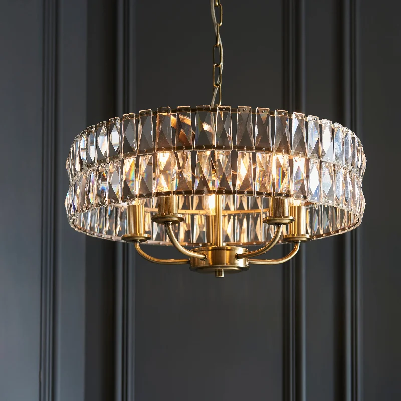 Chandeliers with Sputnik - Style Design for a Futuristic VibeCliffcrest 5Lt Indoor Pendant Light In Antique Brass Plate & Clear Crystal Glass Finish