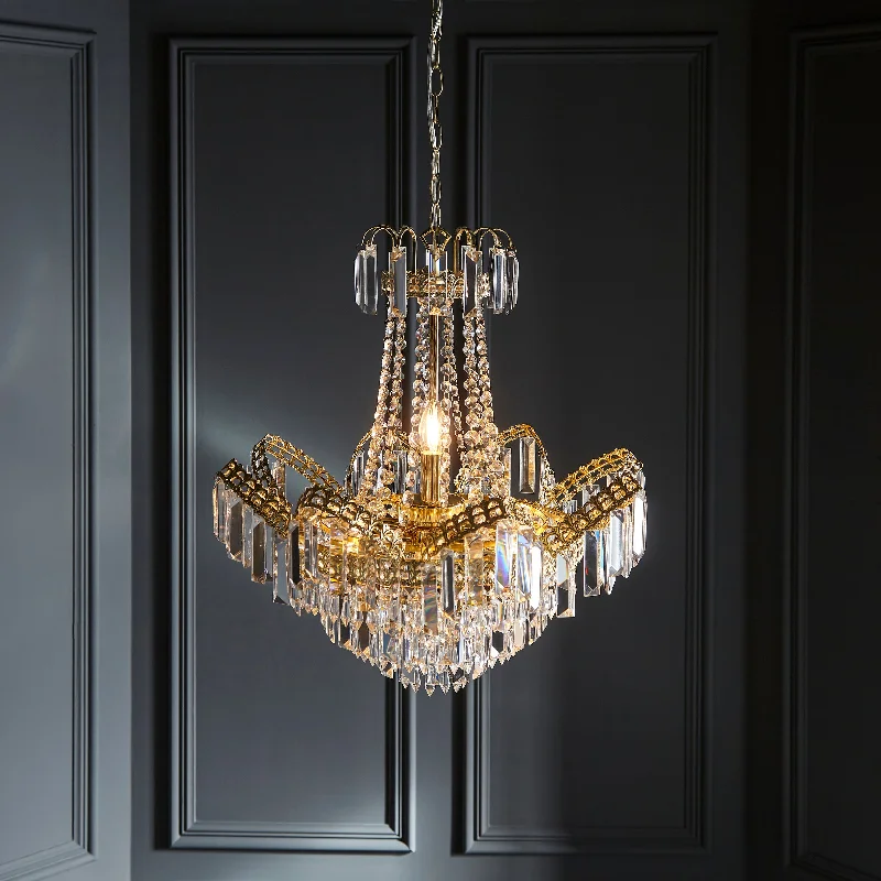 Chandeliers with Adjustable Arms for Directional LightingCrescendo 9Lt Indoor Pendant Light In Clear Glass & Gold Effect Plate Finish Chandeliers with Adjustable Arms for Directional LightingCrescendo 9Lt Indoor Pendant Light In Clear Glass & Gold Effect Plate Finish