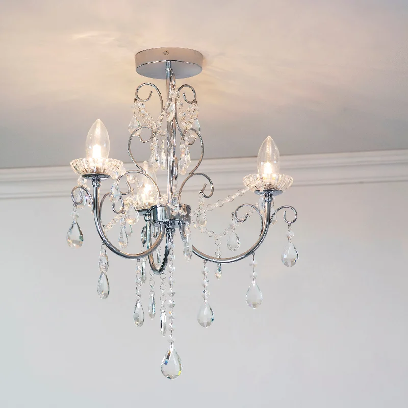 Traditional Brass Chandeliers for Classic InteriorsFelicity 3Lt Bathroom Semi Flush Light In Chrome Plate & Clear Crystal Finish
