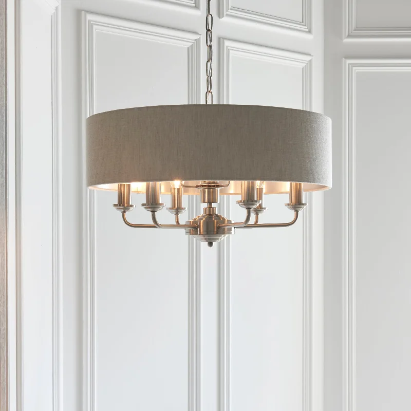 Mini Chandeliers for Adding Charm to Small SpacesHighgate 6Lt Indoor Pendant Light In Brushed Chrome Plate & Natural Linen Finish