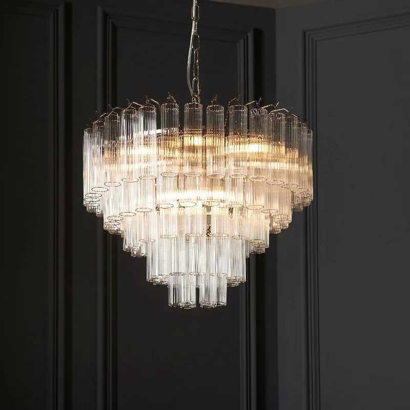 Large Chandeliers for Grand Halls and FoyersOccitania 2Lt Indoor Pendant Light In Bright Nickel Plate & Clear Ribbed Glass Finish