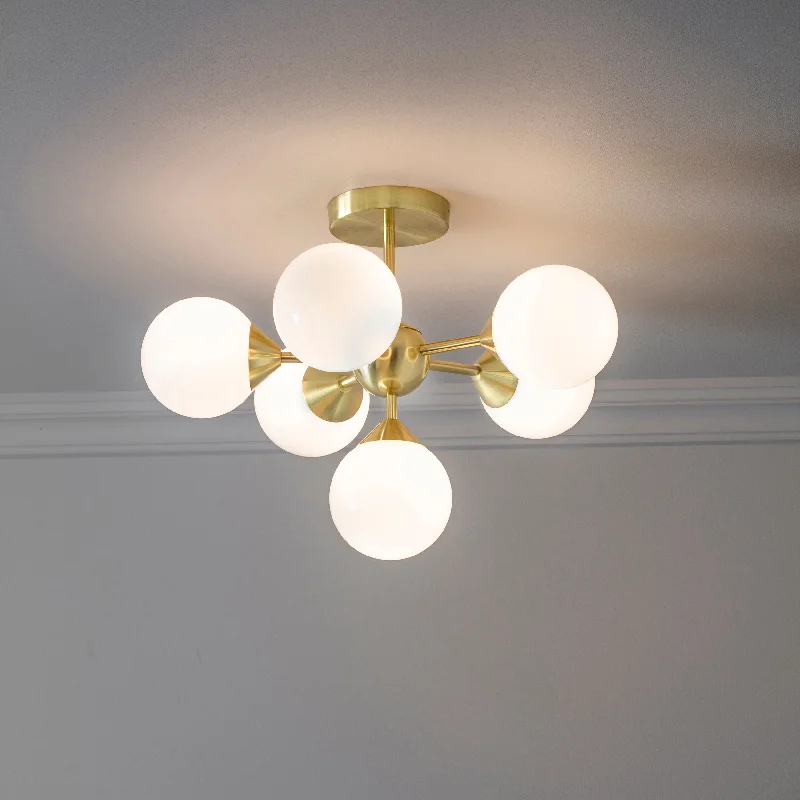 Rustic Wood Chandeliers for Country - Style HousesOlivier 6Lt Indoor Semi Flush Light In Satin Brass Plate & Gloss White Glass Finish Rustic Wood Chandeliers for Country - Style HousesOlivier 6Lt Indoor Semi Flush Light In Satin Brass Plate & Gloss White Glass Finish