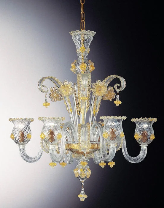 Chandeliers with Adjustable Arms for Directional LightingMurano Glass Chandelier With Golden Flowers & 6 Lights