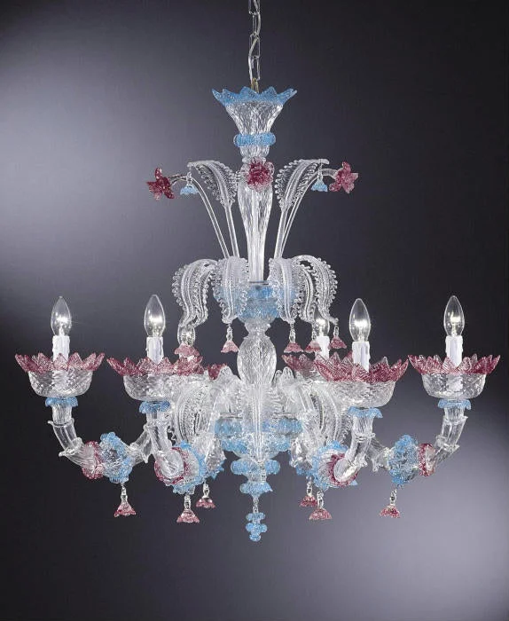 Chandeliers for High Ceilings to Fill Vertical SpaceMurano Glass Chandelier With Pink And Blue Details