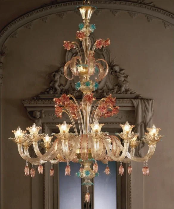 Chandeliers with Frosted Glass for a Softer Light DiffusionRuby, Gold & Blue Murano Glass 12 Light Floral Chandelier Chandeliers with Frosted Glass for a Softer Light DiffusionRuby, Gold & Blue Murano Glass 12 Light Floral Chandelier