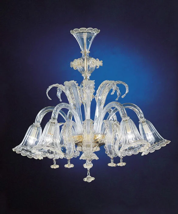 Chandeliers with Adjustable Height for Custom InstallationVenetian Clear Glass Chandelier With Flowers & 6 'Bell' Shades Chandeliers with Adjustable Height for Custom InstallationVenetian Clear Glass Chandelier With Flowers & 6 'Bell' Shades