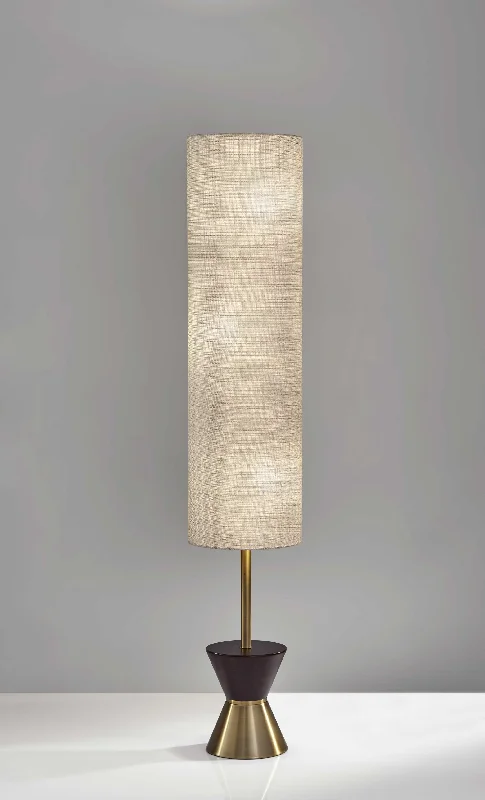 Bohemian Inspired Floor Lamp for Eclectic Home DecorBrass Wood Diabolo Floor Lamp with Tall Textured Beige Shade By Homeroots