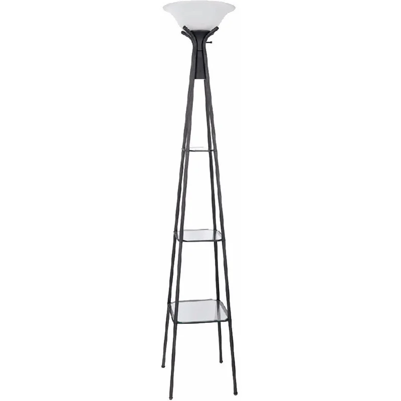 Dimmable Floor Lamp for Adjustable Lighting AmbianceTorchiere Floor Lamp With Clear Glass Shelving, Black And White By Benzara Dimmable Floor Lamp for Adjustable Lighting AmbianceTorchiere Floor Lamp With Clear Glass Shelving, Black And White By Benzara