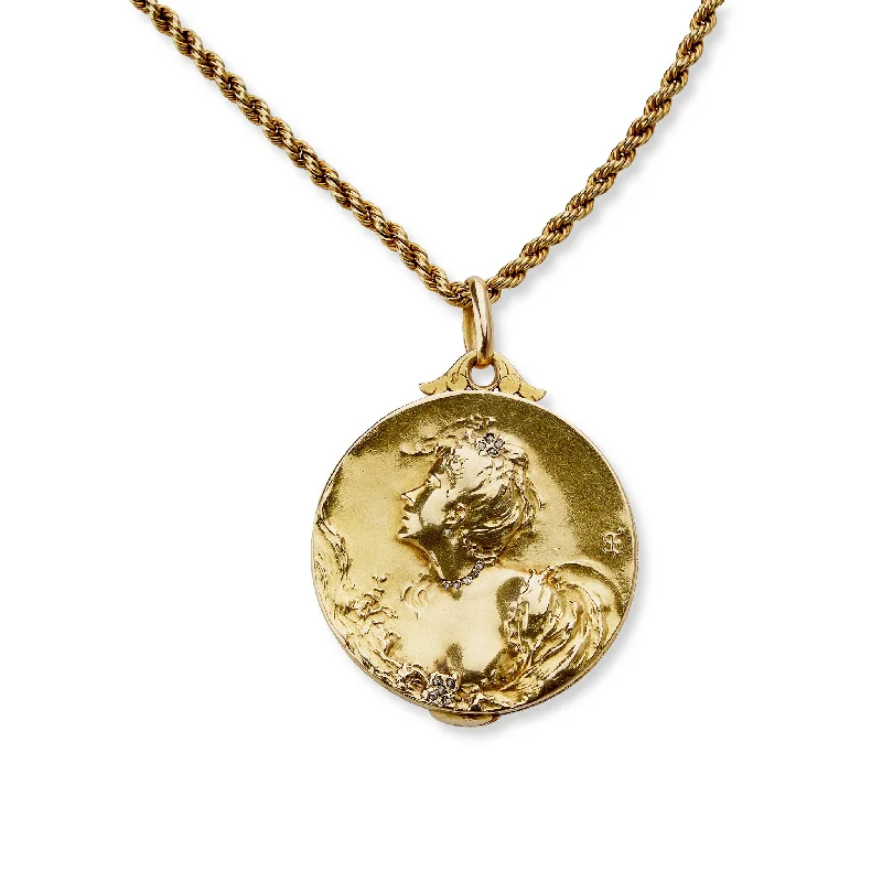 Metal Ceiling Lights in Brass, Copper, Stainless Steel, and IronComte d'Epinay de Briort Art Nouveau Medal Habillé Pendant Locket Metal Ceiling Lights in Brass, Copper, Stainless Steel, and IronComte d'Epinay de Briort Art Nouveau Medal Habillé Pendant Locket